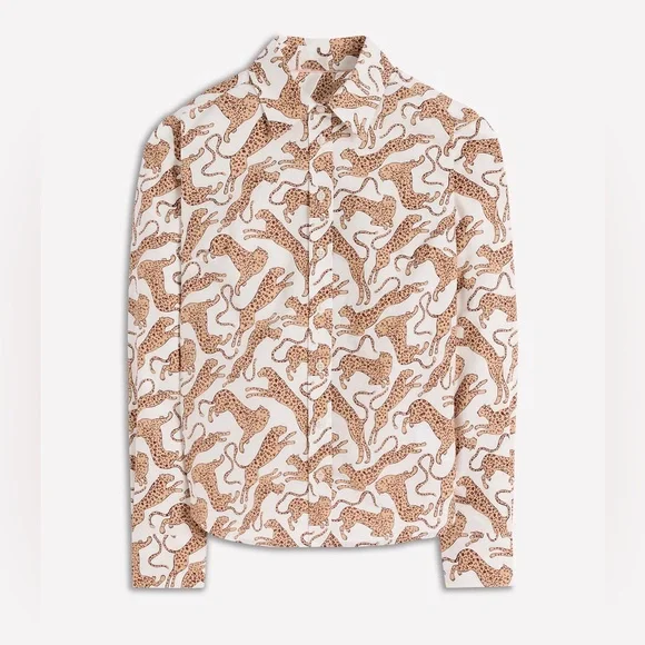Boden Sienna Cotton Shirt Size 6 Leaping Leopard Button Up White Tan Long Sleeve - Picture 4 of 16